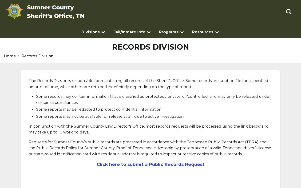 Sumner County arrest record request and Records Division information