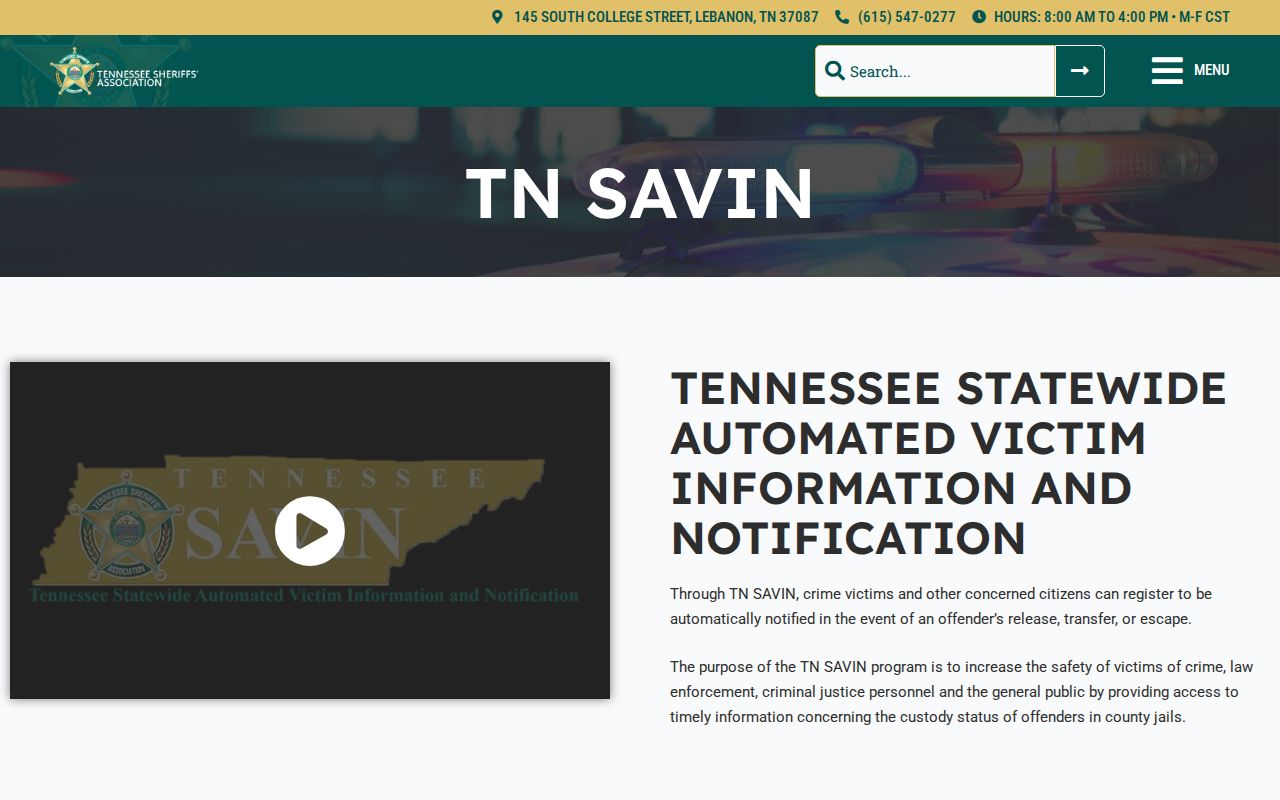 Tennessee SAVIN county jail VINE participation for Sumner County