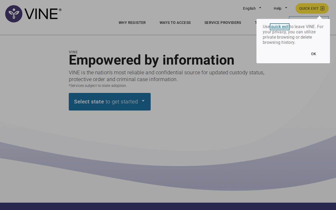 VINELink registration screen for Sumner County custody alerts