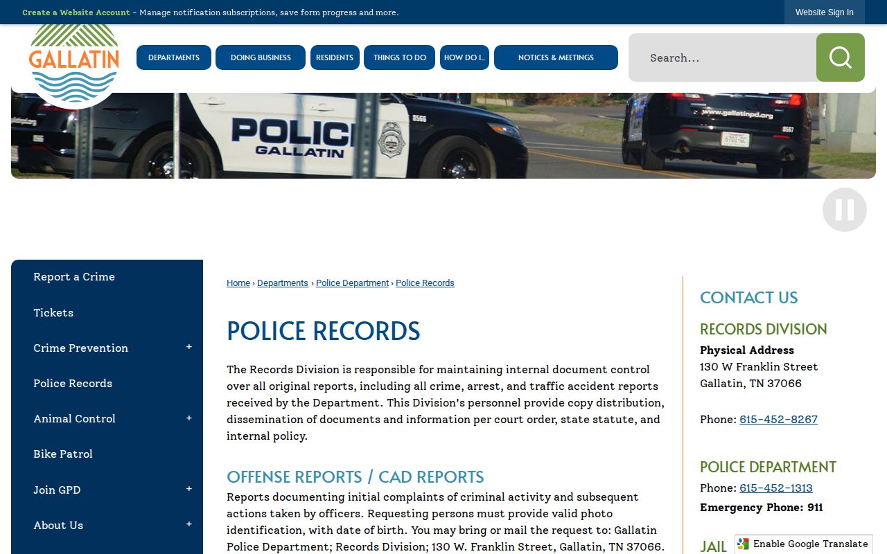 Gallatin Police Records request for city arrest reports